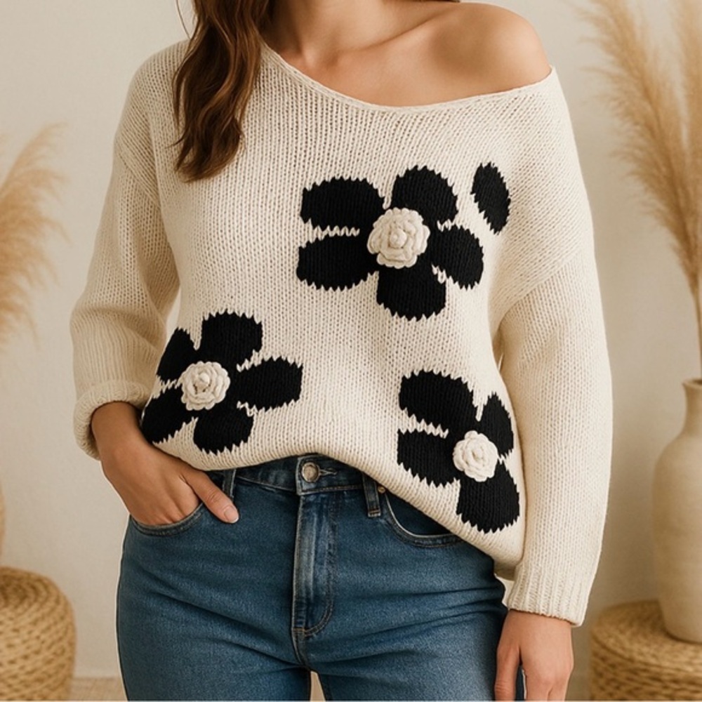 Twinset Milano 3D Floral Chunky-knit Two Tone Sweater in Cream White